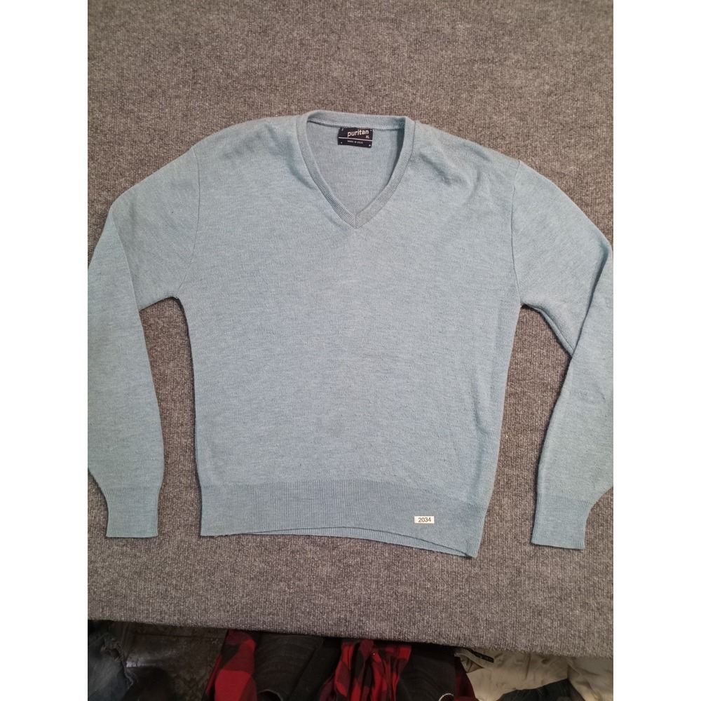 Vintage Puritan Sweater Mens XL Blue V Neck Orlon Acrylic 70s USA (Stain)